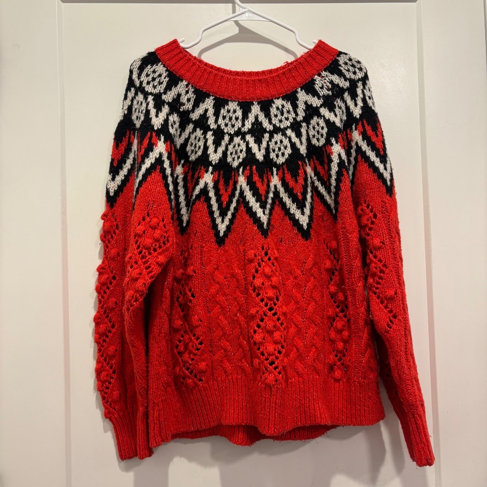 Lucky Brand Red Fair Isle Cable Knit Bobble Sweater Womens XL
